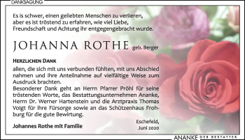 Traueranzeige von Johanna Rothe von Leipziger Volkszeitung