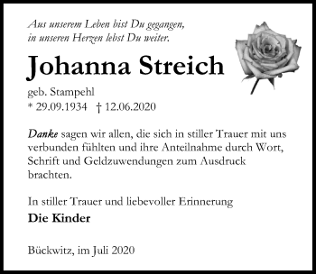 Traueranzeige von Johanna Streich