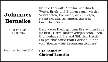 Traueranzeige von Johannes Berneike von Ostsee-Zeitung GmbH
