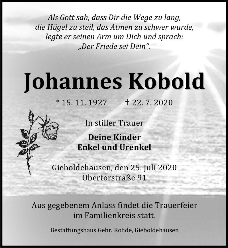  Traueranzeige für Johannes Kobold vom 25.07.2020 aus Eichsfelder Tageblatt