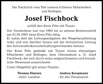 Traueranzeige von Josef Fischbock von Kieler Nachrichten