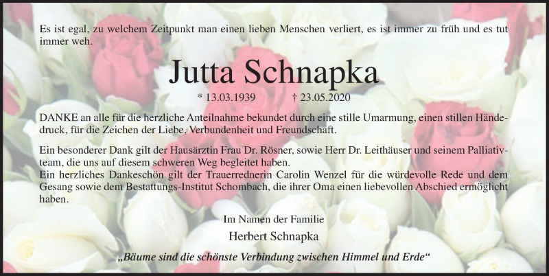  Traueranzeige für Jutta Schnapka vom 04.07.2020 aus Ostsee-Zeitung GmbH