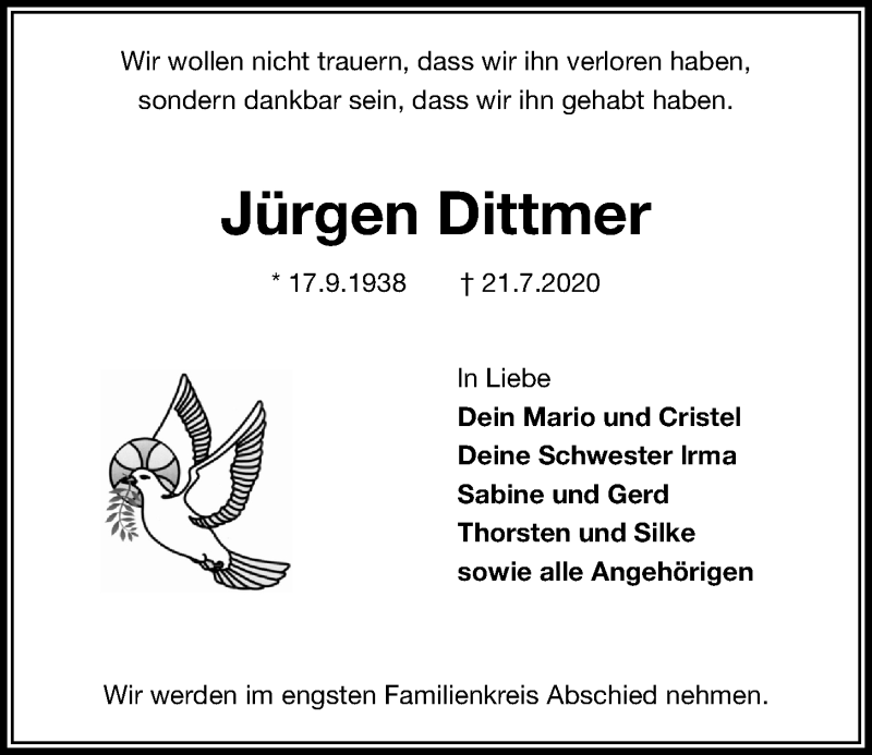  Traueranzeige für Jürgen Dittmer vom 01.08.2020 aus Kieler Nachrichten