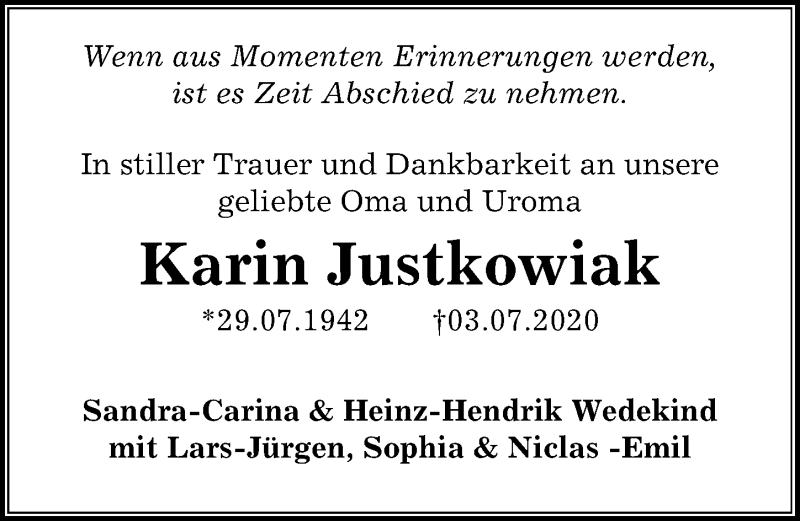  Traueranzeige für Karin Justkowiak vom 11.07.2020 aus Göttinger Tageblatt