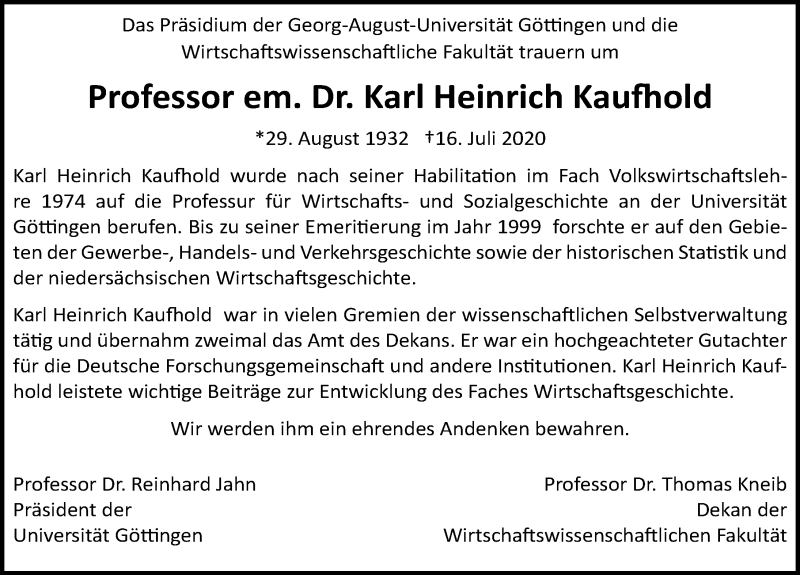  Traueranzeige für Karl Heinrich Kaufhold vom 25.07.2020 aus Göttinger Tageblatt