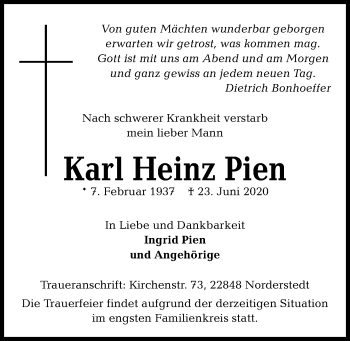 Traueranzeige von Karl Heinz Pien von Kieler Nachrichten