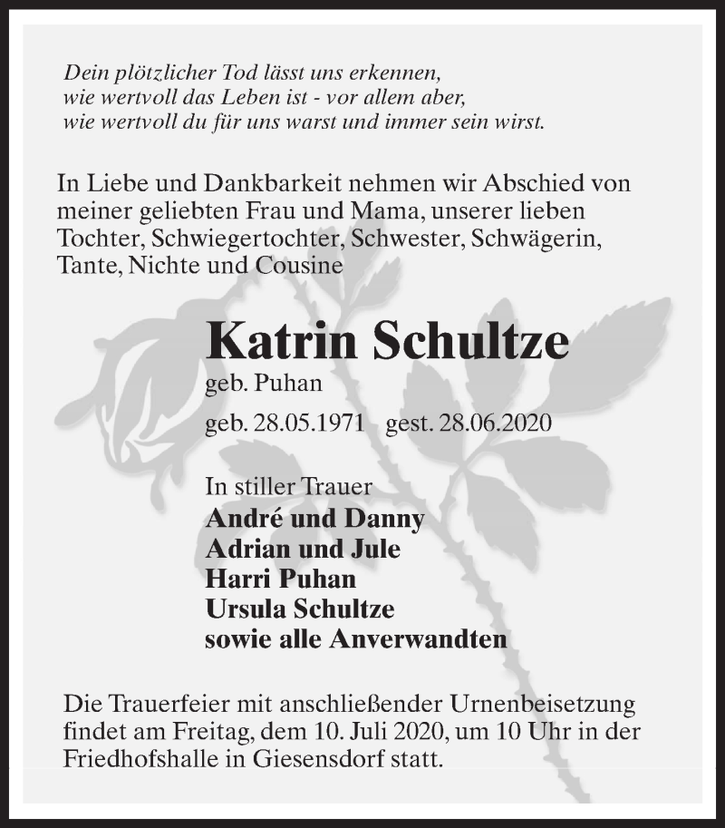  Traueranzeige für Katrin Schultze vom 04.07.2020 aus Märkischen Allgemeine Zeitung