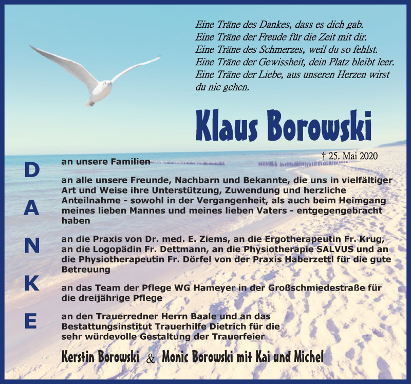  Traueranzeige für Klaus Borowski vom 04.07.2020 aus Ostsee-Zeitung GmbH