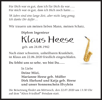 Traueranzeige von Klaus Heese von Märkischen Allgemeine Zeitung