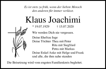 Traueranzeige von Klaus Joachimi von Ostsee-Zeitung GmbH