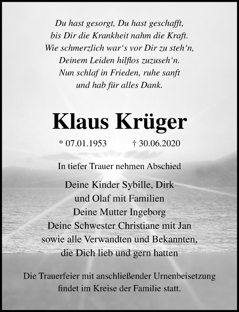  Traueranzeige für Klaus Krüger vom 11.07.2020 aus Ostsee-Zeitung GmbH
