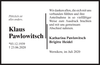 Traueranzeige von Klaus Pawlowitsch von Märkischen Allgemeine Zeitung
