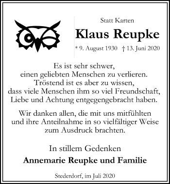 Traueranzeige von Klaus Reupke von Peiner Allgemeine Zeitung