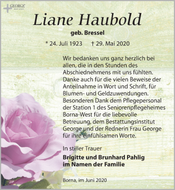 Traueranzeige von Liane Haubold von Leipziger Volkszeitung