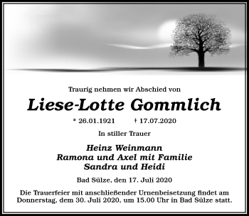 Traueranzeige von Liese-Lotte Gommlich von Ostsee-Zeitung GmbH