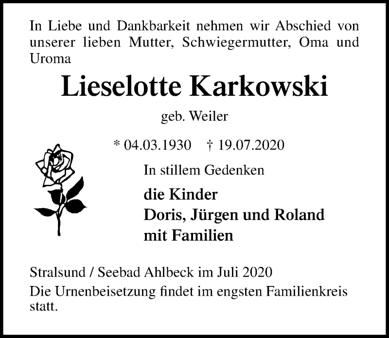  Traueranzeige für Lieselotte Karkowski vom 25.07.2020 aus Ostsee-Zeitung GmbH