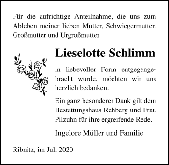 Traueranzeige von Lieselotte Schlimm von Ostsee-Zeitung GmbH