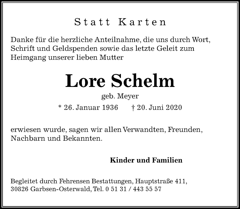  Traueranzeige für Lore Schelm vom 04.07.2020 aus Hannoversche Allgemeine Zeitung/Neue Presse