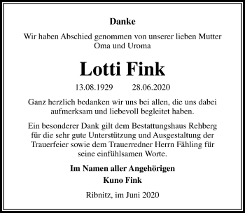 Traueranzeige von Lotti Fink von Ostsee-Zeitung GmbH