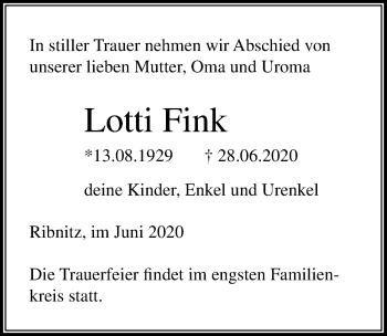 Traueranzeige von Lotti Fink von Ostsee-Zeitung GmbH