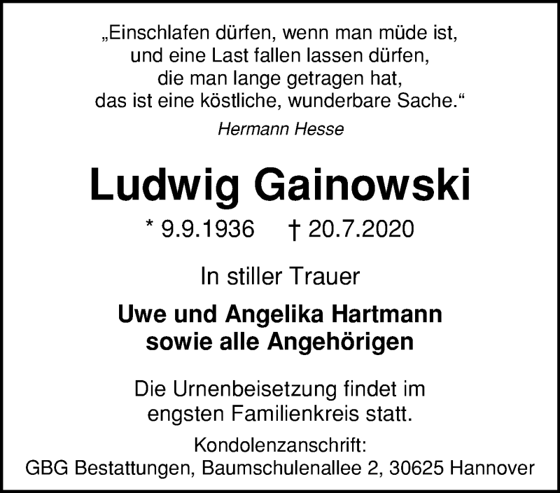  Traueranzeige für Ludwig Gainowski vom 25.07.2020 aus Hannoversche Allgemeine Zeitung/Neue Presse
