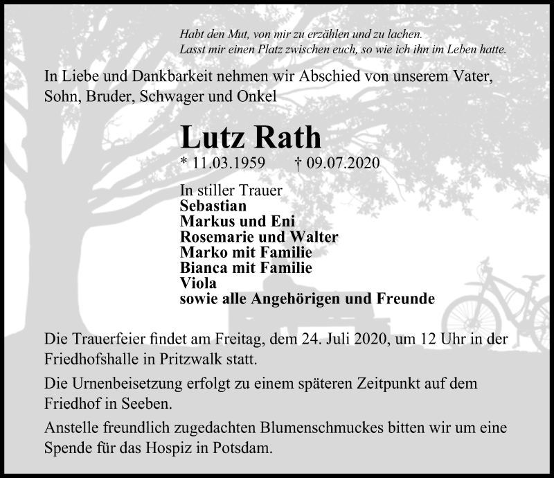  Traueranzeige für Lutz Rath vom 18.07.2020 aus Märkischen Allgemeine Zeitung