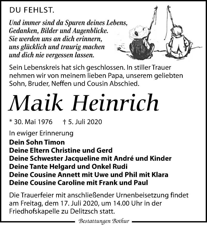  Traueranzeige für Maik Heinrich vom 11.07.2020 aus Leipziger Volkszeitung