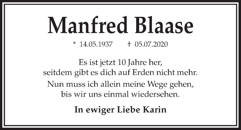  Traueranzeige für Manfred Blaase vom 04.07.2020 aus Kieler Nachrichten