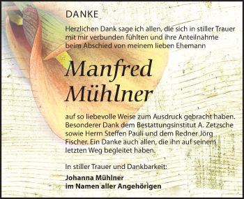 Traueranzeige von Manfred Mühlner von Leipziger Volkszeitung