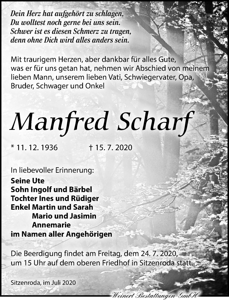  Traueranzeige für Manfred Scharf vom 18.07.2020 aus Leipziger Volkszeitung