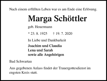 Traueranzeige von Marga Schöttler von Lübecker Nachrichten