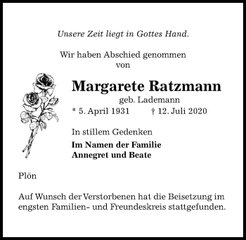 Traueranzeige von Margarete Ratzmann von Kieler Nachrichten