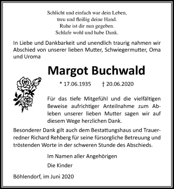 Traueranzeige von Margot Buchwald von Ostsee-Zeitung GmbH