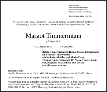 Traueranzeige von Margot Timmermann von Lübecker Nachrichten