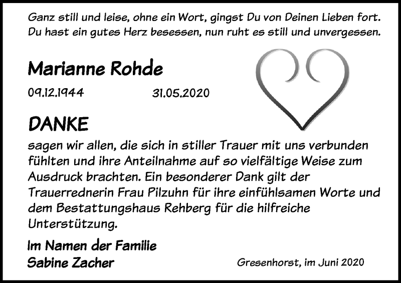  Traueranzeige für Marianne Rohde vom 11.07.2020 aus Ostsee-Zeitung GmbH