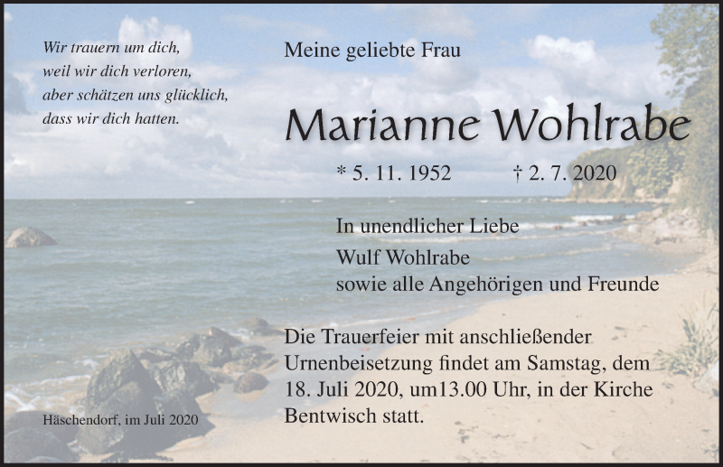  Traueranzeige für Marianne Wohlrabe vom 11.07.2020 aus Ostsee-Zeitung GmbH