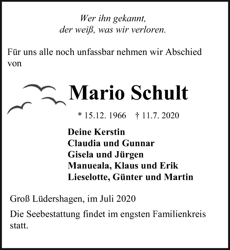  Traueranzeige für Mario Schult vom 18.07.2020 aus Ostsee-Zeitung GmbH