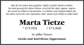 Traueranzeige von Marta Tietze von Hannoversche Allgemeine Zeitung/Neue Presse