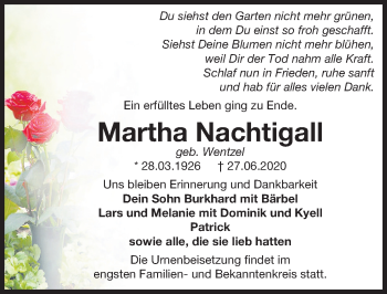 Traueranzeige von Martha Nachtigall von Märkischen Allgemeine Zeitung