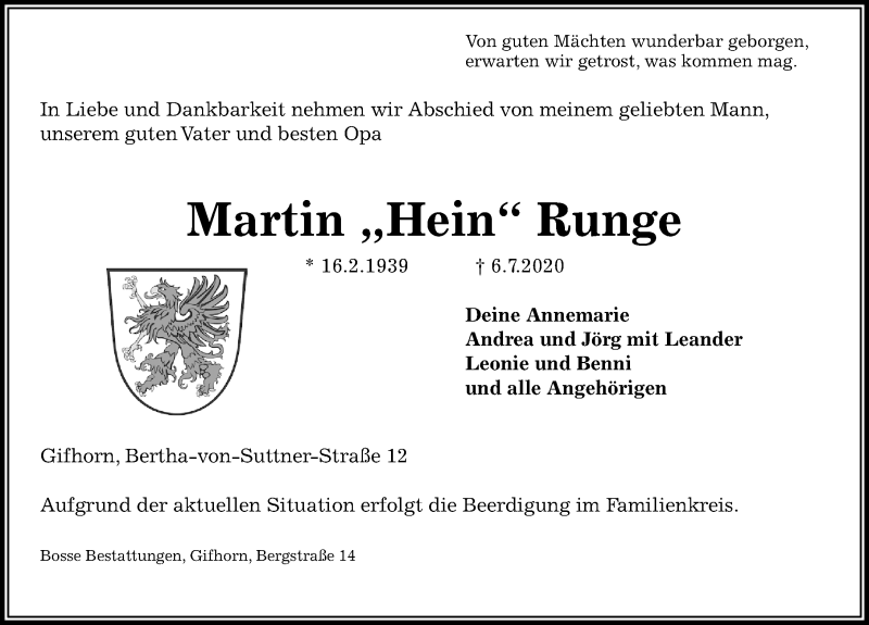  Traueranzeige für Martin Runge vom 08.07.2020 aus Aller Zeitung