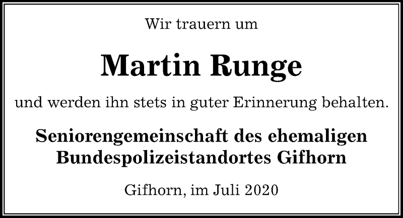  Traueranzeige für Martin Runge vom 11.07.2020 aus Aller Zeitung