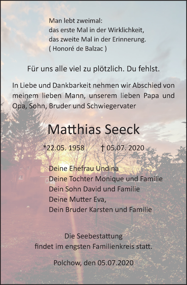  Traueranzeige für Matthias Seeck vom 11.07.2020 aus Ostsee-Zeitung GmbH