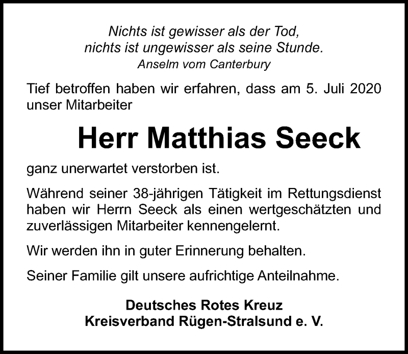  Traueranzeige für Matthias Seeck vom 18.07.2020 aus Ostsee-Zeitung GmbH