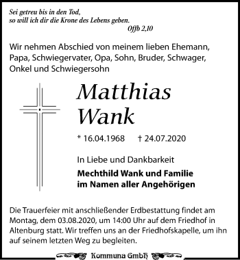 Traueranzeige von Matthias Wank von Leipziger Volkszeitung