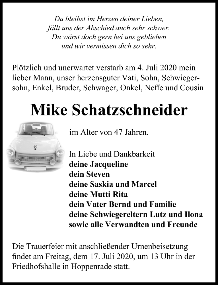  Traueranzeige für Mike Schatzschneider vom 11.07.2020 aus Märkischen Allgemeine Zeitung