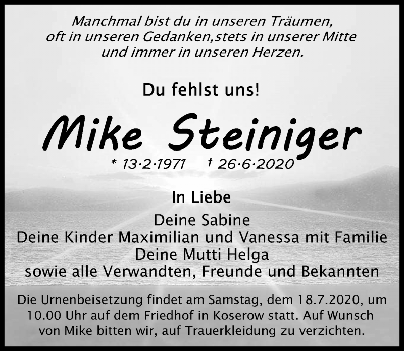  Traueranzeige für Mike Steiniger vom 04.07.2020 aus Ostsee-Zeitung GmbH