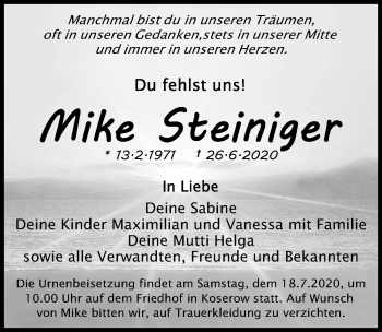 Traueranzeige von Mike Steiniger von Ostsee-Zeitung GmbH