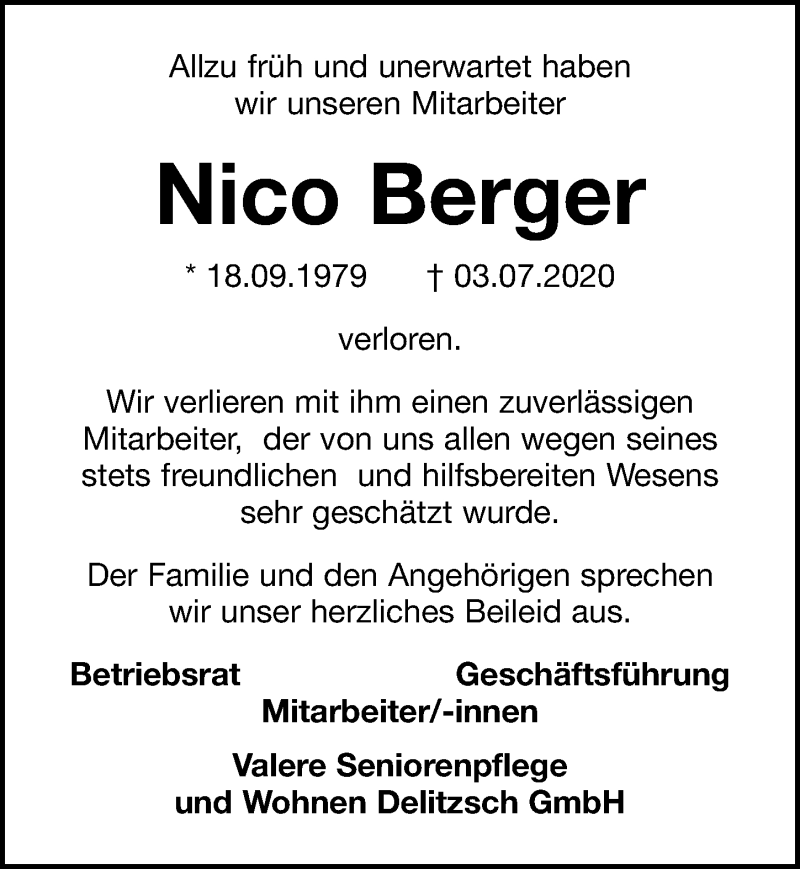  Traueranzeige für Nico Berger vom 18.07.2020 aus Leipziger Volkszeitung