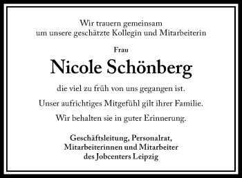 Traueranzeige von Nicole Schönberg von Leipziger Volkszeitung