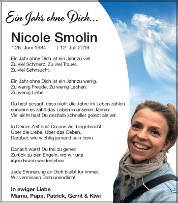 Traueranzeige von Nicole Smolin von Hannoversche Allgemeine Zeitung/Neue Presse